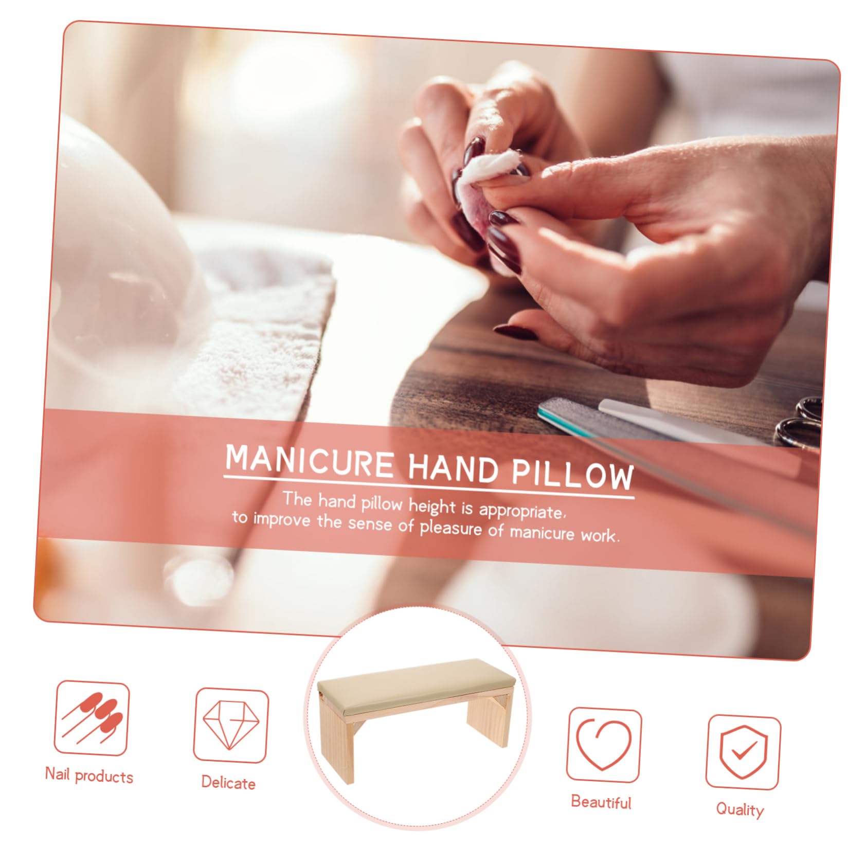 Healeved Poggiamano per Mani Stabili in Legno e Pelle Beige per Manicure Cuscino Pratico per Nail Salon e Allenamento Unghie
