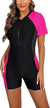 Halcurt Womens Boyleg One Piece Rash Guard with Built in Bra Zip Front UPF50+ Short Sleeve Full Body Surfing Swimsuit