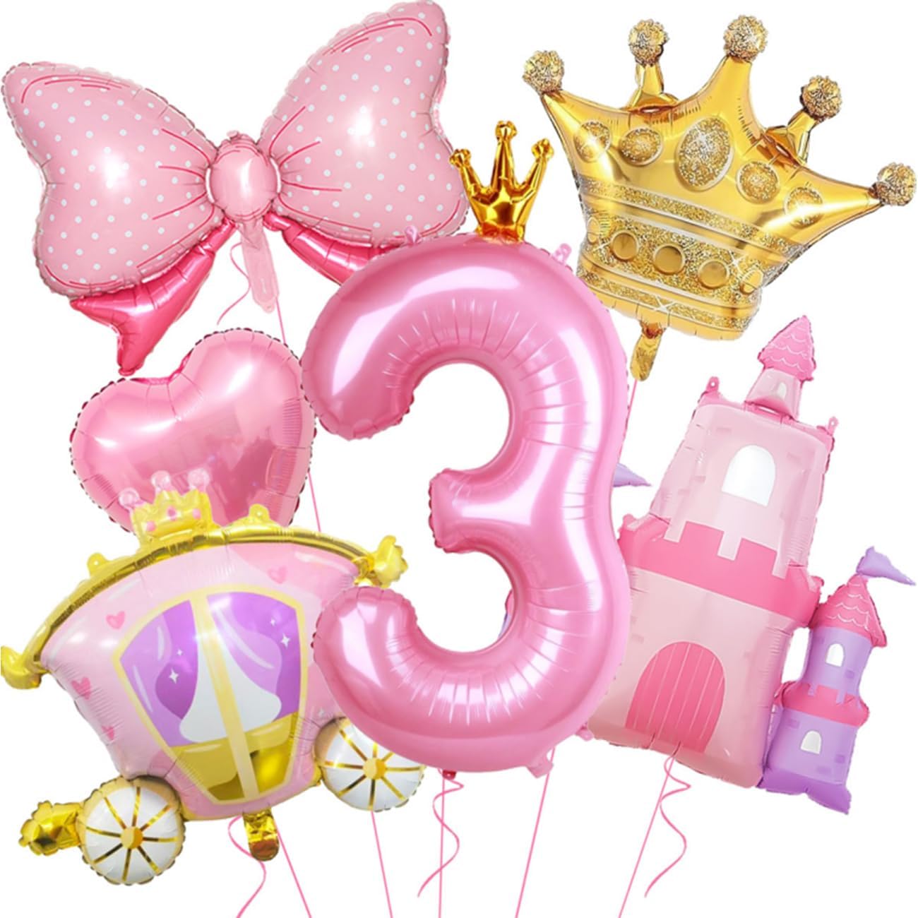 6Pcs Princess Balloons Set 40inch Pink Crown 3 Balloon Castle Carriage Gold Crown Foil Balloons for 3rd Princess Birthday Party Decorations