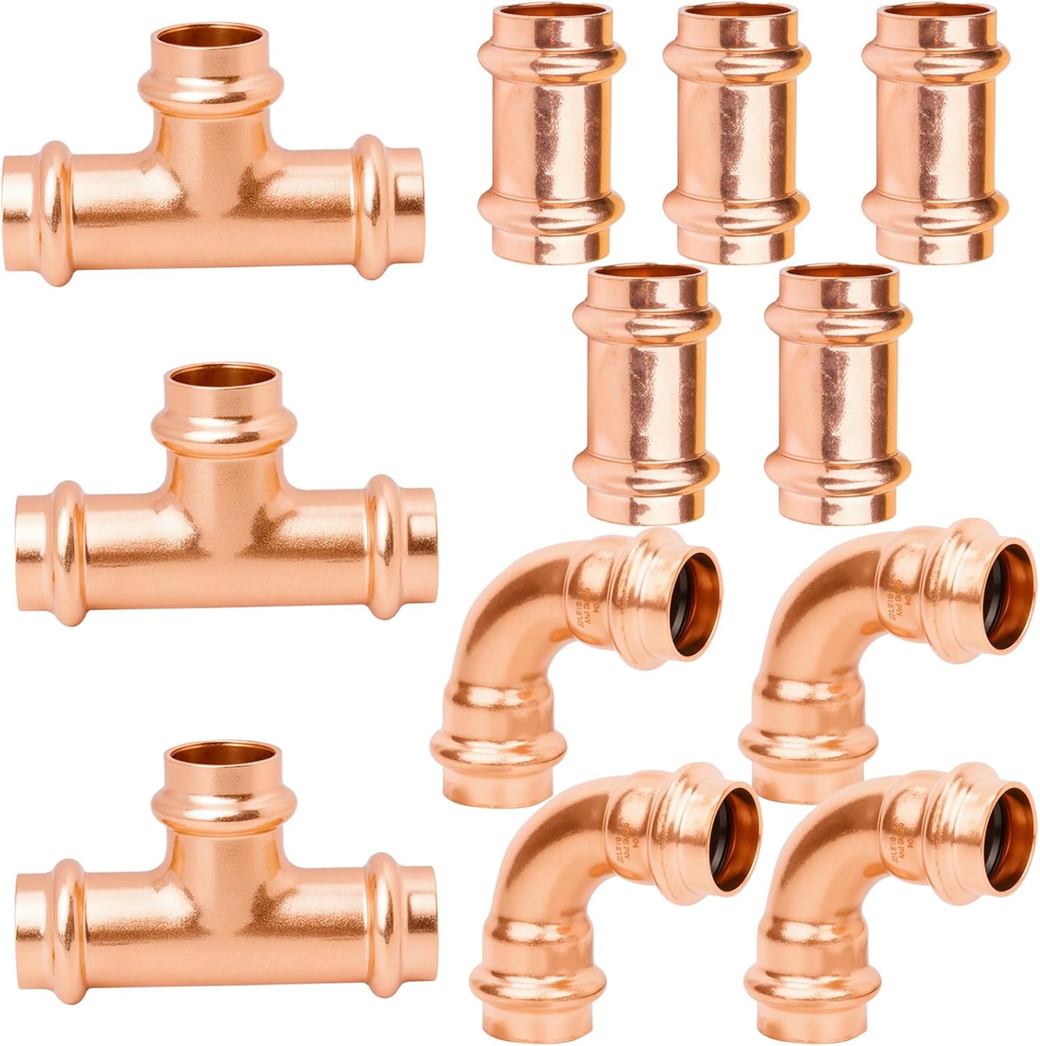 WHK 12 Packs 3/4" Copper Pro Press Fittings Kit,5 PCS Propress Coupling Fittings,4 PCS Press Copper 90 Degree Elbow with 3 PCS Press fit tee use for Connect Copper Pipe