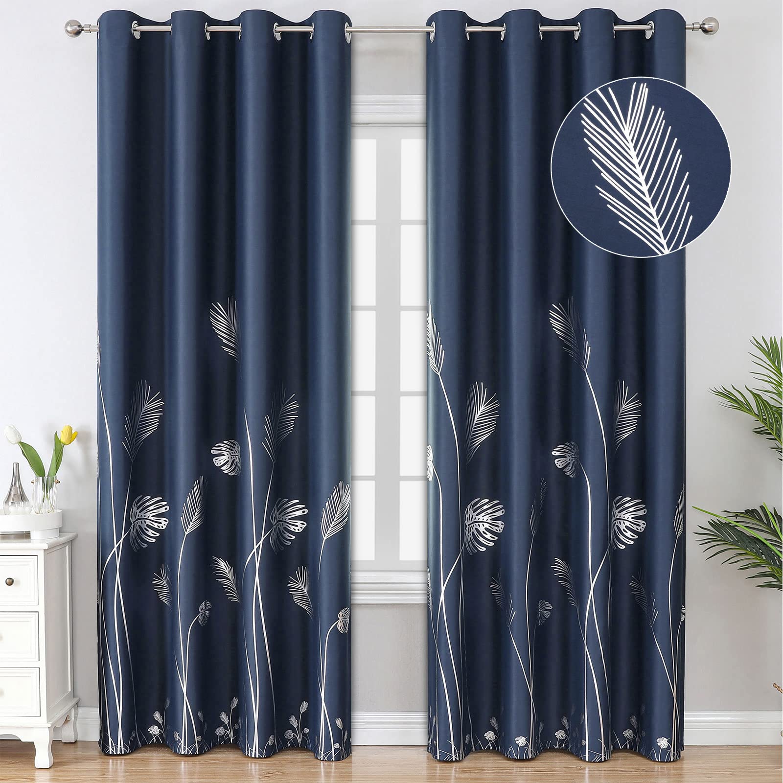 Estelar Textiler Elegant Silver Palm Tree Pattern Blackout Curtains Foil Print Light Blocking Window Curtain Panel Drapes for Living Room, Navy Blue, 52Wx108L, 2 Panels
