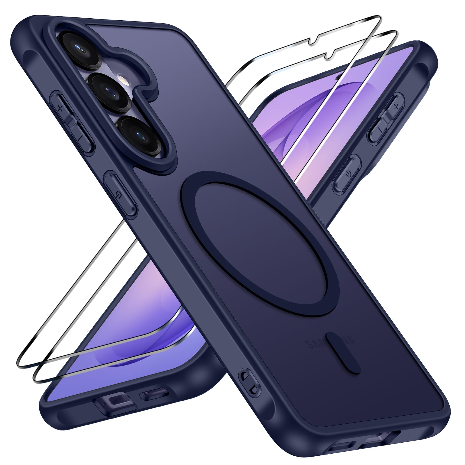 ivoler für Samsung Galaxy S26 Hülle, 1 Magnetisch Handyhülle mit 2 Stück Panzer Schutz Glas, [Kompatibel mit MagSafe] [Militärnorm Sturzschutz] Stoßfest Schutzhülle Silikon Case Matt Dunkelblau