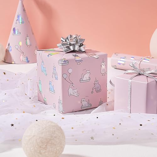 Vista 335 de WRAPAHOLIC Papel de regalo reversible, mini rollo, 17 pulgadas x 33 pies, adorable diseño de gato y azul sólido para cumpleaños, vacaciones