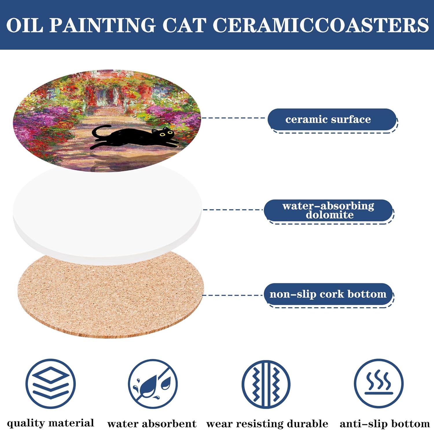 FYSUIMU 6Pcs Black Cat Painting Coaster Floral Animal Ceramic Coaster Cute Flower Absorbent Cup Mat for Spring Home Kitchen Party Table Decor