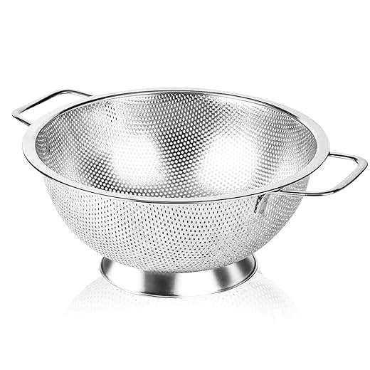 304 Stainless Steel Colander, Micro-Perforated 3-Quart Strainer with Base, Dishwasher Safe. Great for Pasta, Noodles, Vegetables & Fruits
