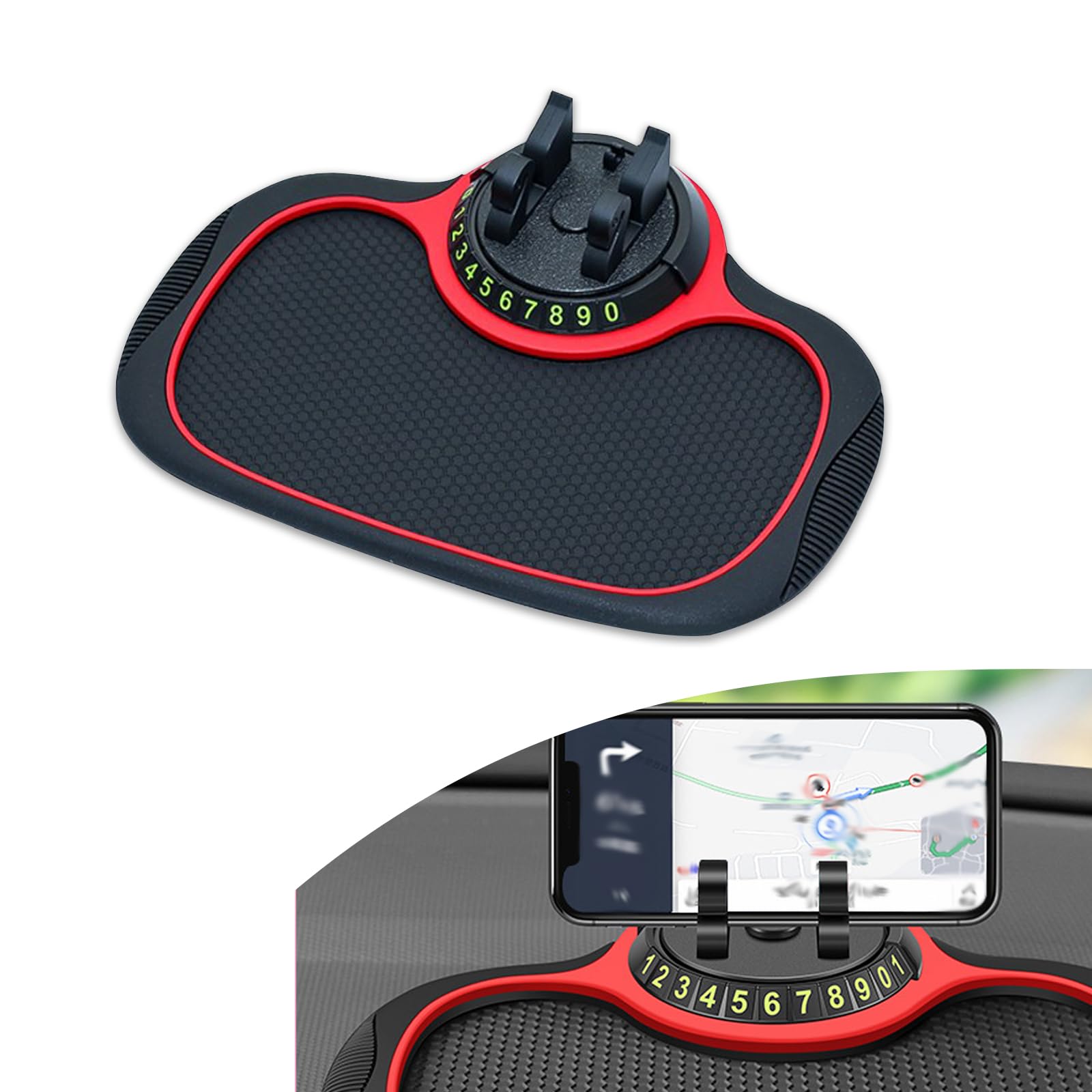 Slykew 1 PC Car Dashboard Protection Pad, Soft Waterproof PVC Anti-Slip Vehicle Mat with Temporary Parking Number, Universal Automotive Phone Holder Accessories for Truck SUV Car (Black & Red)