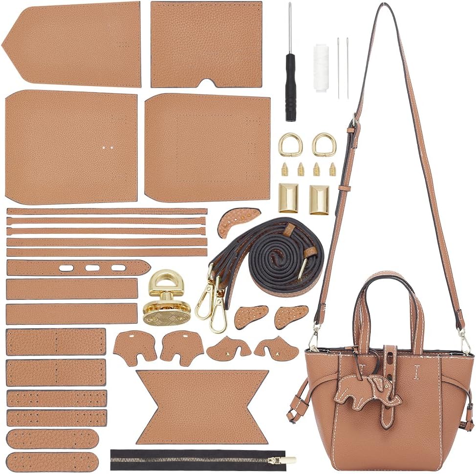 WADORN DIY Leather Tote Bag Making Kit - PU Leather Craft Sewing Handbag Making Sets - All Accessories for Gift, 10.2x4.7x7 in, Camel