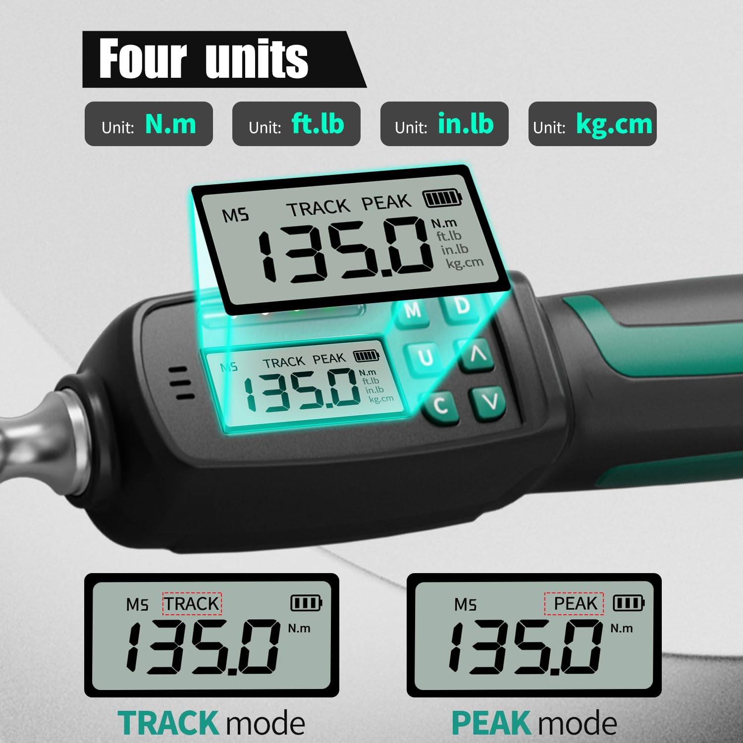 Cyfrowy klucz dynamometryczny z napędem 1/2 cala 5,01-99,49 Ft.lbs./6,8-135 Nm elektroniczne narzędzie precyzyjne funty stóp ± 2% dokładność 999 zestawów danych wyświetlacz LED brzęczyk wibracje