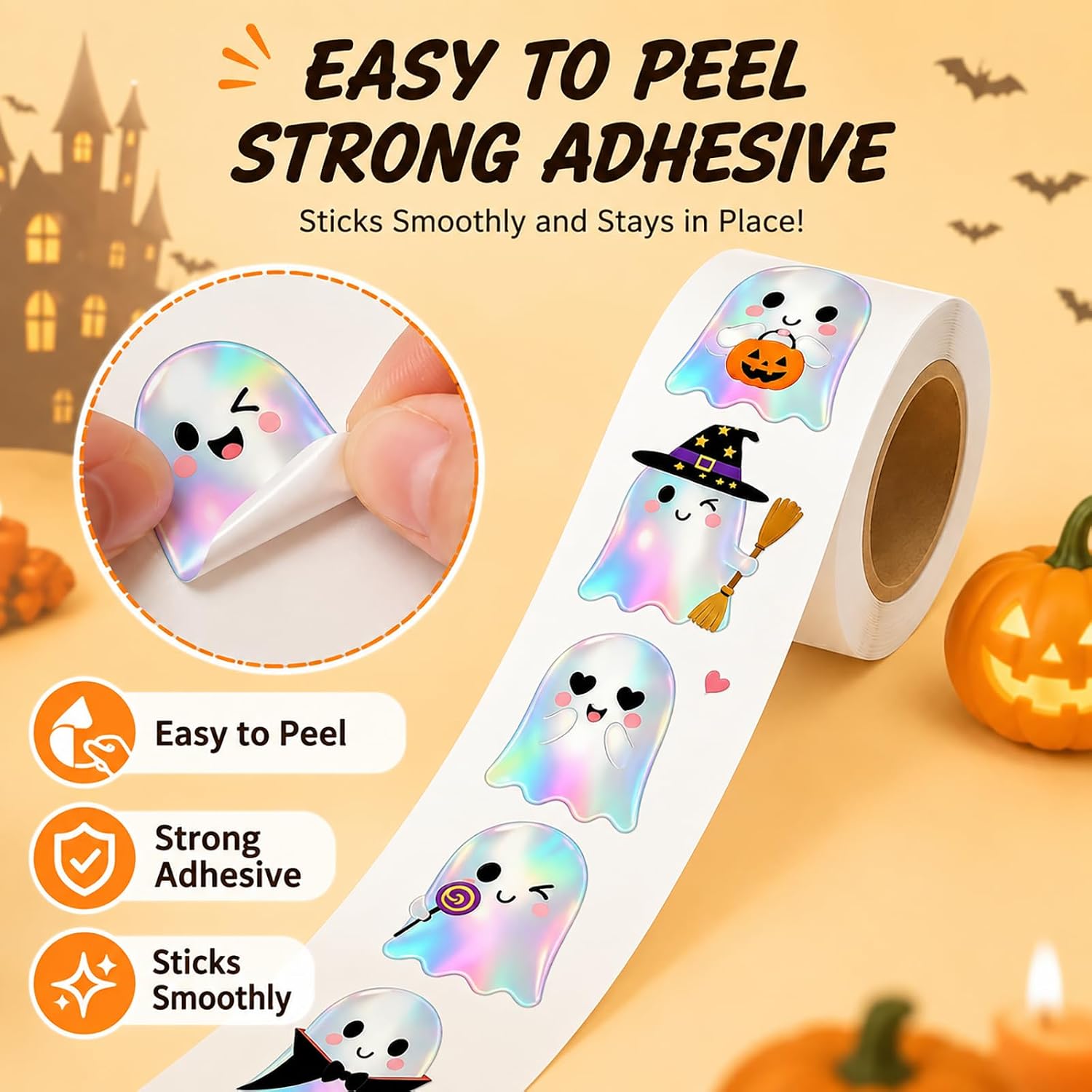 2 Rolls 1000Pcs Holographic Halloween Cute Ghost Stickers image 3