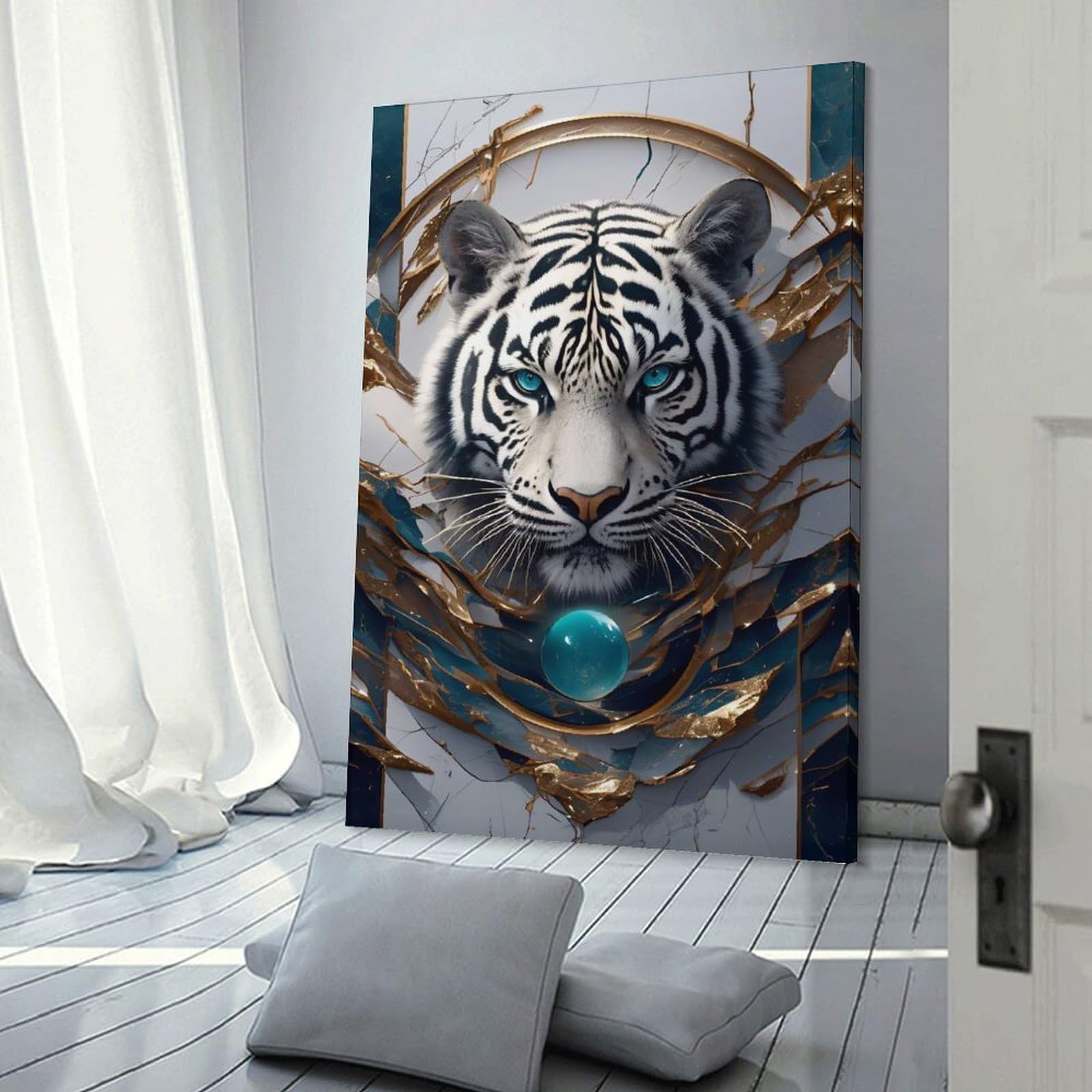 Junmoney White Tiger with Blue Orb Portrait Home Decor Wall Art 20x30inch(50x75cm), for Living Room, Lounge Or Sitting Room, A Home Accent with Warm Character