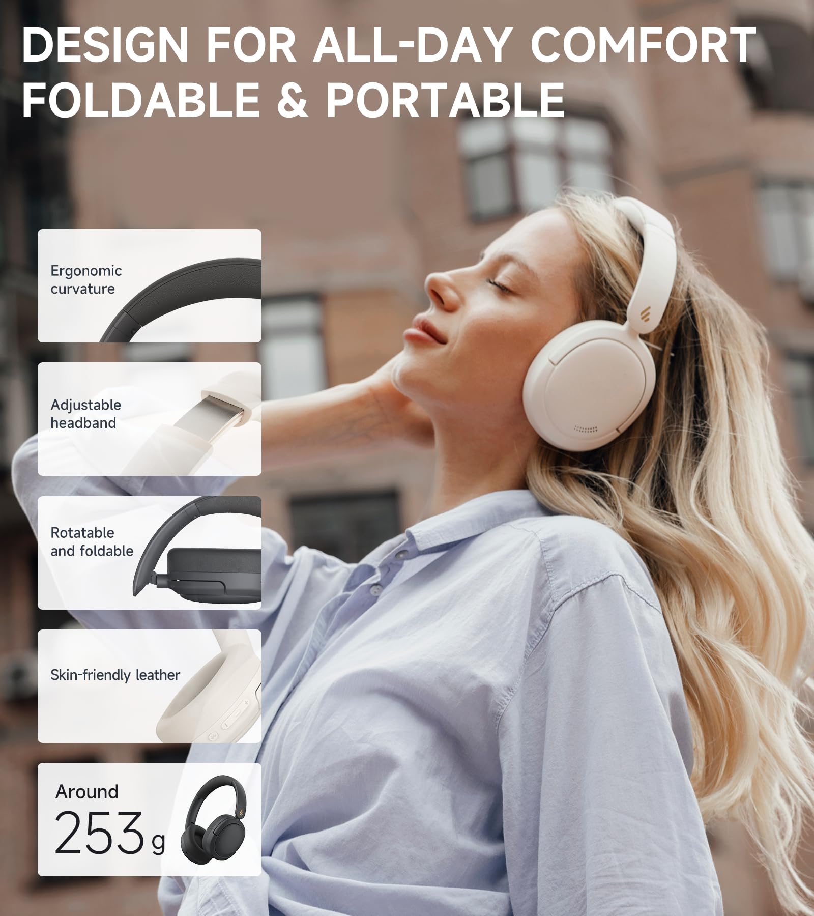 Edifier W800BT Pro Hybrid Active Noise Cancelling Headphones - Hi-Res Audio - AI Call Noise Cancellation - 45H Playtime - Fast Charging - Foldable - Wireless Over-Ear Bluetooth 5.4 Headphones - Ivory