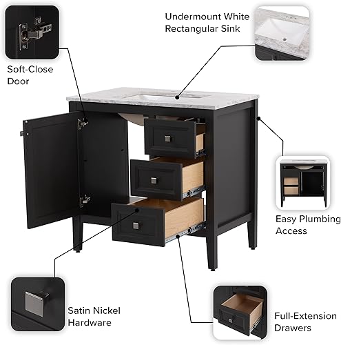Miniatura 7 de Spring Mill Cabinets Cartland tocador de baño con 3 cajones, armario de 1 puerta, encimera con fregadero empotrado, 37 pulgadas de ancho x 22