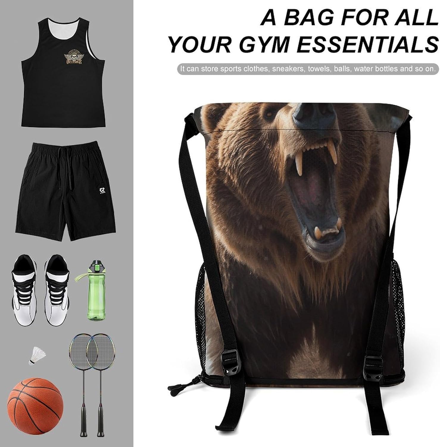 Sports Drawstring Backpack Roaring Bear Lightweight Backpack Dry And Wet Separation Large Capacity
