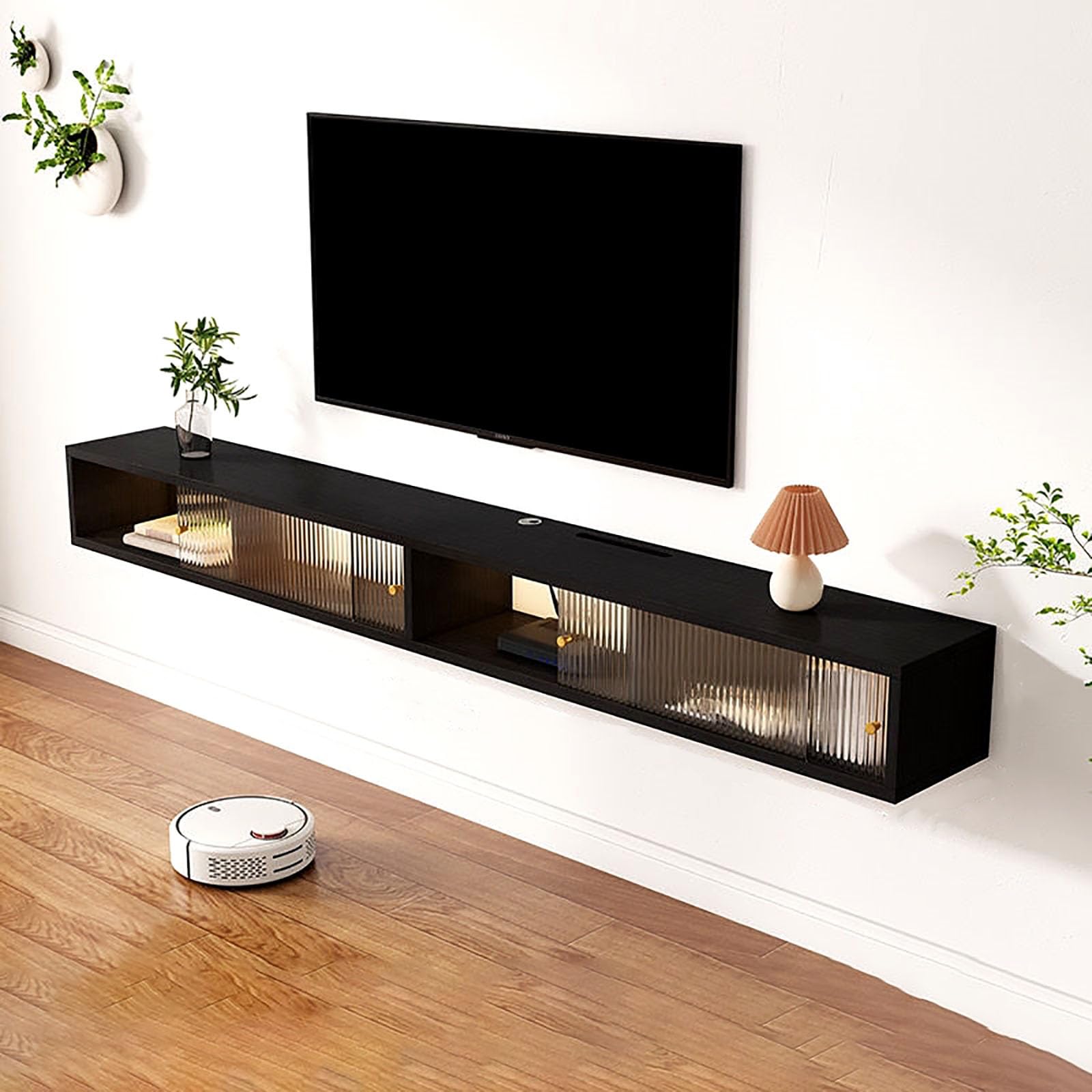 Mobile TV sospeso Moderno ed Elegante da Parete con Ripiani in Vetro Arcobaleno, mobiletto sospeso Stretto e Ampio Spazio di archiviazione per Il Centro di intrattenimento del Soggiorno.