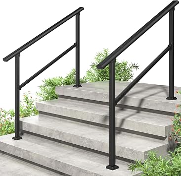 ROOMTEC 2 Pack 4 Step Handrails for Outdoor Steps, Safety Outdoor Hand Rails for Exterior Steps, Black Wrought Iron Stair Railing Kit (3-4 Steps Handrail)