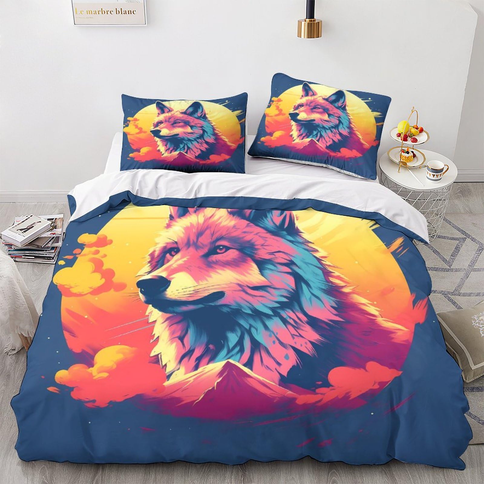 Housse de couette loup 3D 200x200cm en microfibre avec taies d'oreiller
