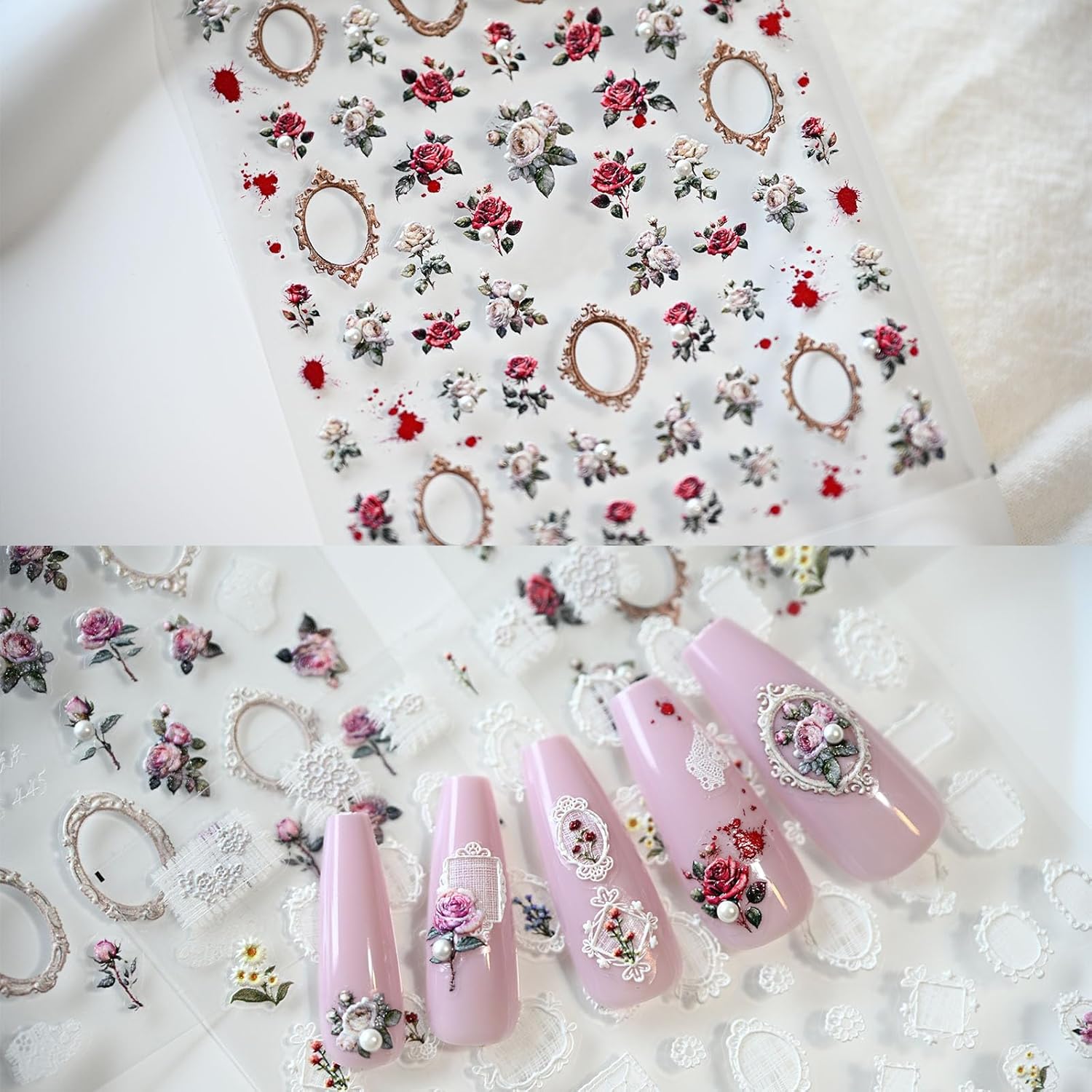 Rose Flower Frame Nail Art Stickers Pearl Rhinestones Embossed Vintage Nail Decals for Nail Art Design Self-Adhesive Nail Accessories for Women Nail Art Supplies 3 Sheets - Image 3