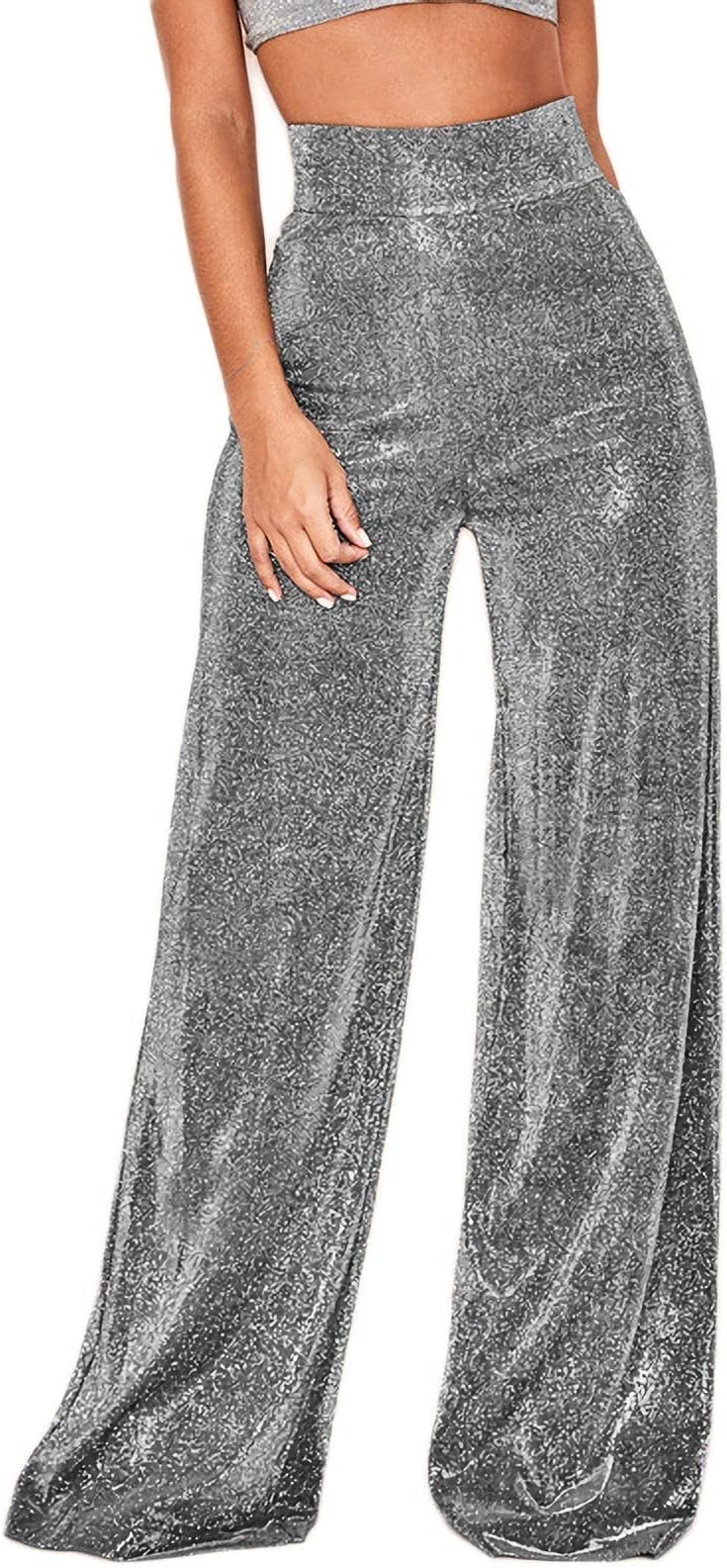 Velius Women's Sexy Metallic Sparkly Wide Leg Pants Trousers Clubwear