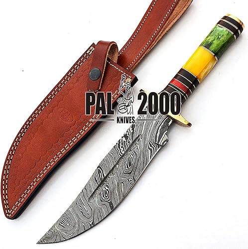 Miniatura 6 de PAL 2000 KNIVES HUN-9314 Cuchillo de caza hecho a mano de acero de Damasco de 12.6 pulgadas, mango de hueso de camello manchado con funda