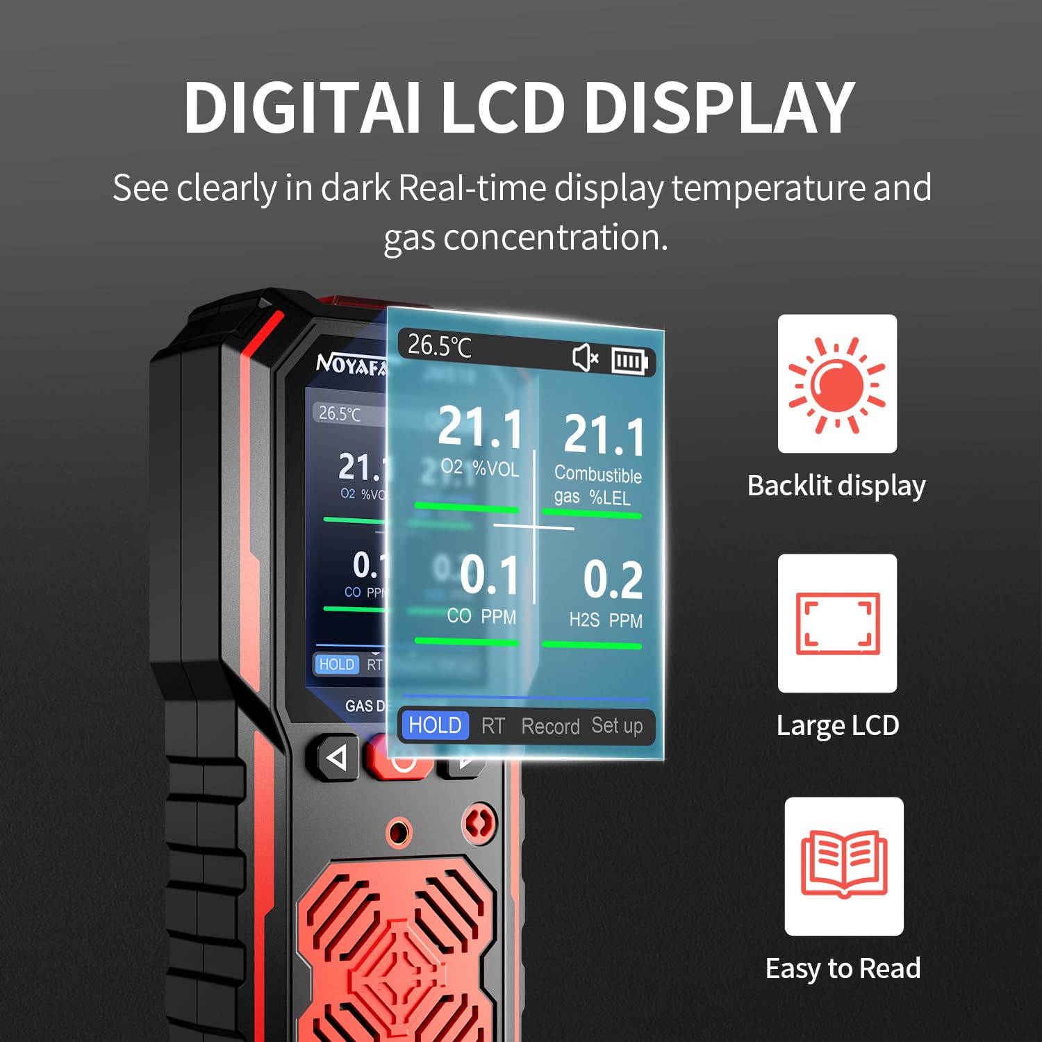 Close-up of NOYAFA JMS19 Gas Detector display showing gas readings, temperature, and battery status