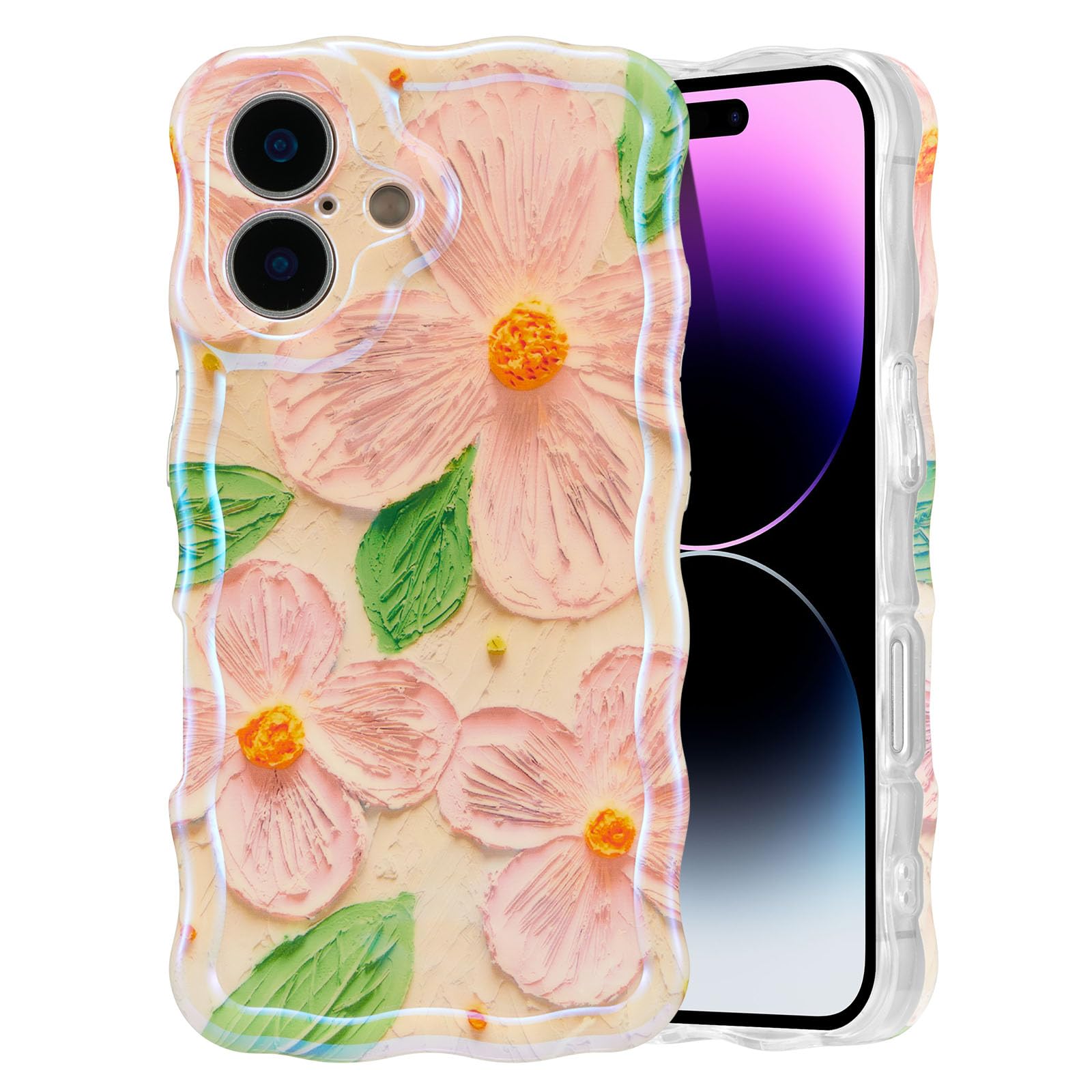 EYZUTAK Case for iPhone 15, Colorful Retro Oil Painting Flower Laser Beam Glossy Pattern Cute Curly Waves Border Exquisite Phone Cover Stylish Durable Soft TPU Protective Case for Girls Women - Green — view 65