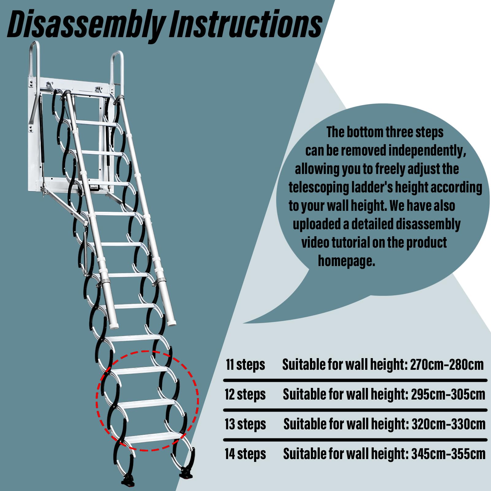 Dachbodentreppe, 9 Stufen Extra-Breite Stahl wandmontierte Versenkbare Treppe, Dachbodenleiter Ausziehbar, Dachtreppe, mit 2 Handläufen, Tragkraft 300 kg, rutschfesten Stufen