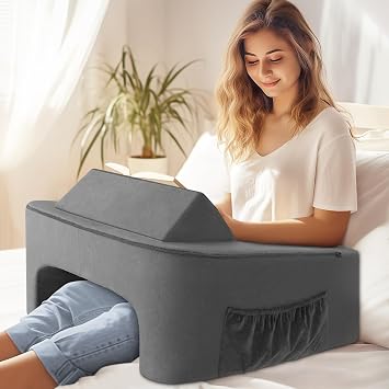 TranquilRelax Reading Pillow for Sitting in Bed Adult Size, Back Pillow for Bed Sitting Up, Memory Foam Gaming Pillow, Lap Pillow with Triangular Pillow, Grey Bed Desk for Laptop and Writing/Gaming