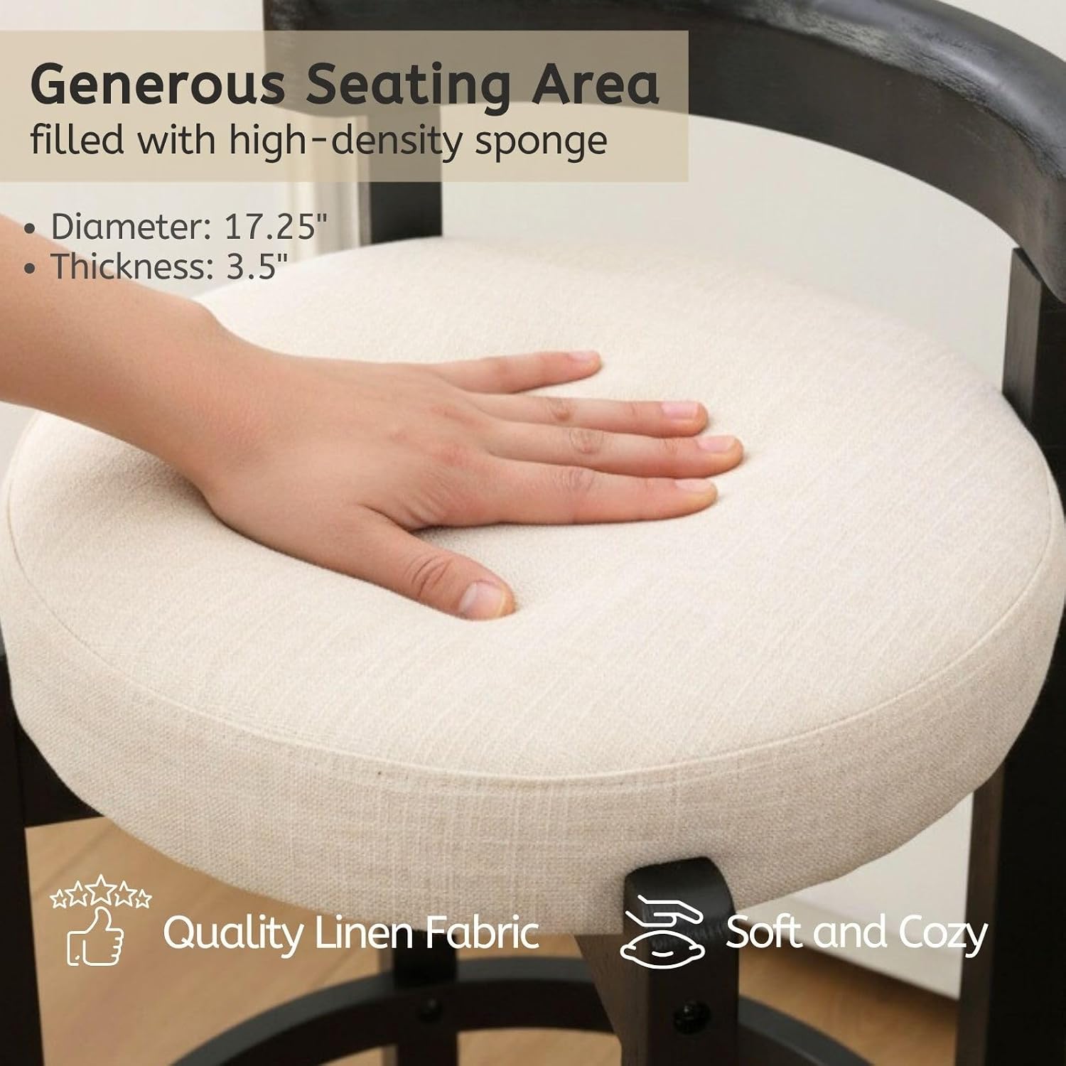  Mid Century Linen Counter Stools Set of 2, Upholstered 26.5” Seat Height Low Barstools with Black Wood Legs Round Low Back Kitchen Stools with Footrest for Dining Room Restaurant, Beige thumbnail
