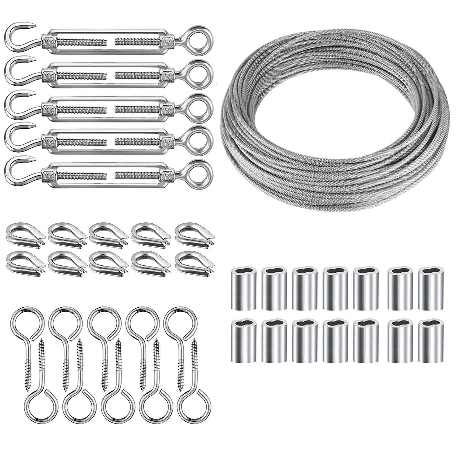 40 PCS Wire Rope Cable Hooks Cord Hanging Kit 304 Stainless Steel with Turnbuckle Wire