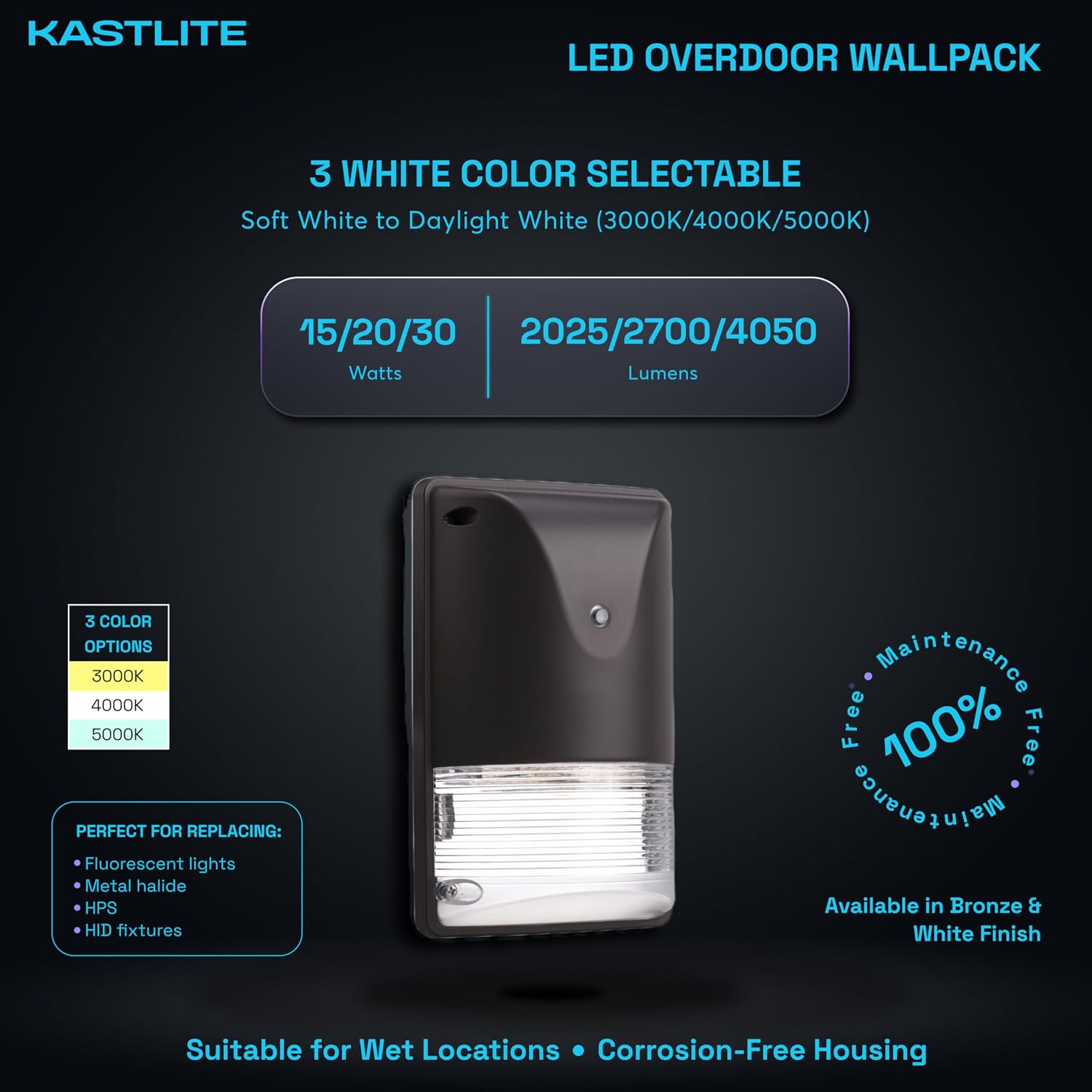 KASTLITE 3 Way LED Wall Pack Light with Dusk to Dawn | 15W/20W/30 Watt 30K-50K Color Selectable Dimmable Photocell Wall Sconce Light | Waterproof Outdoor Security Flood Lighting, 120-277V - Bronze