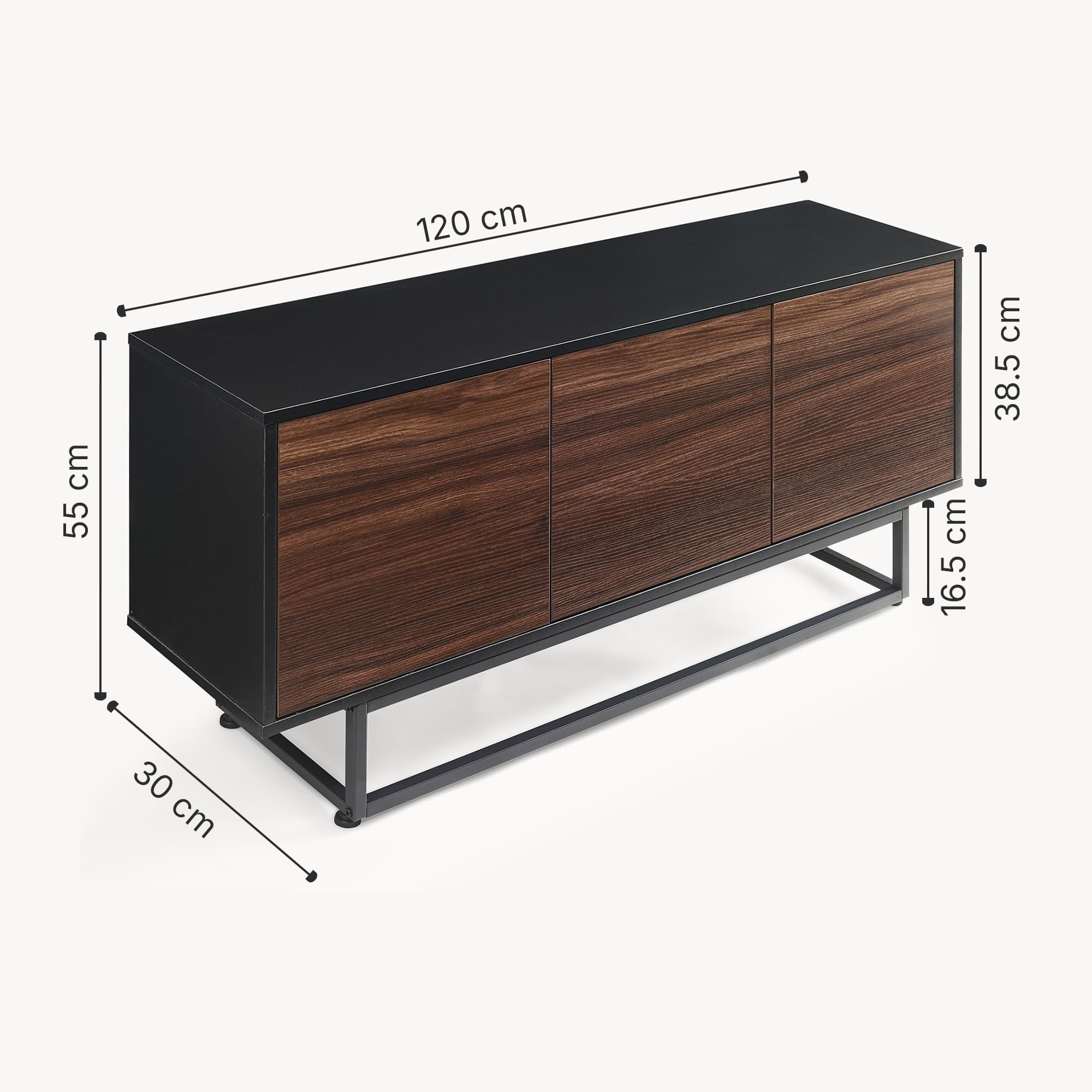 [en.casa] Armadietto Credenza Bassa con 3 Ante Push-Open Piedistallo in Metallo Mobile Contenitore per Soggiorno Camera Ingresso 120x30x55 cm Nero/Effetto Noce