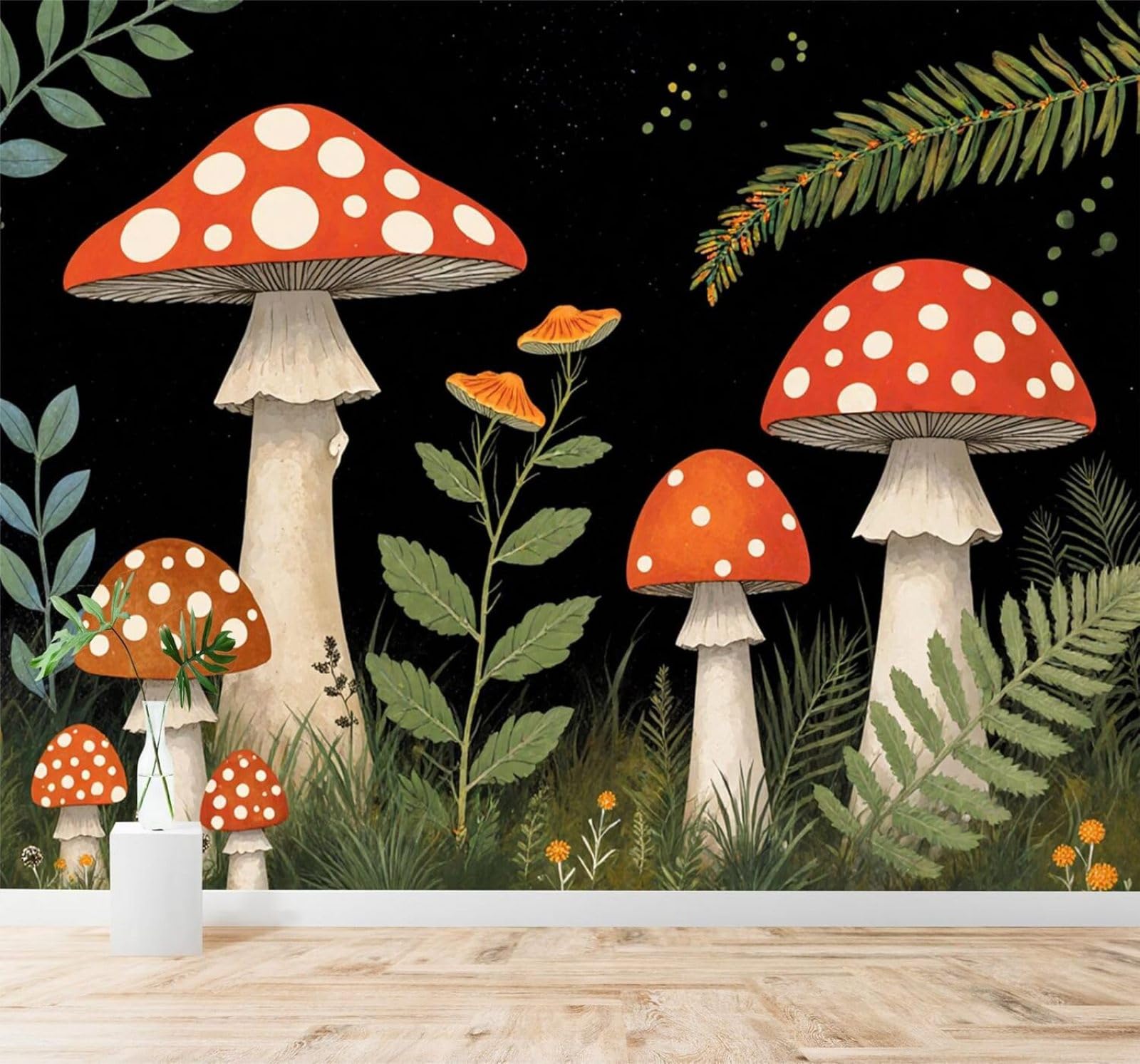 Xlming 430Cm×300Cm(B×H) Red And White Mushrooms Forest Plants Night Scene 3D Wallpaper Silky Texture Home Study Office Grey Dining Room Sofa Bedroom Living Room Tv Backdrop-430Cm×300Cm