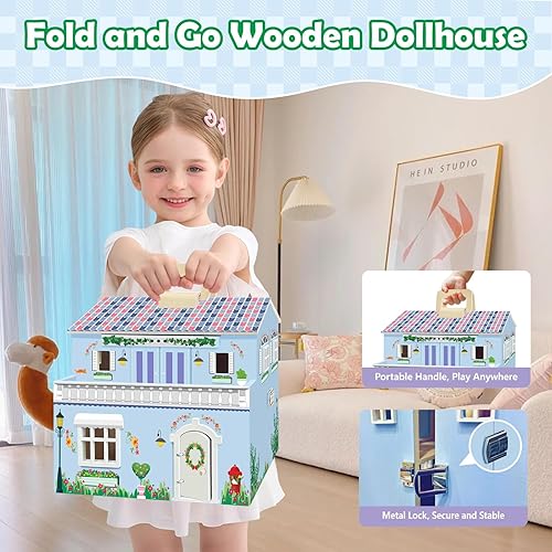 Miniatura 4 de Casa de muñecas de madera DIY con 3 hojas de calcomanías, crea 2 estilos (blanco y rosa), diseño plegable con mango portátil y cerradura de metal, 4