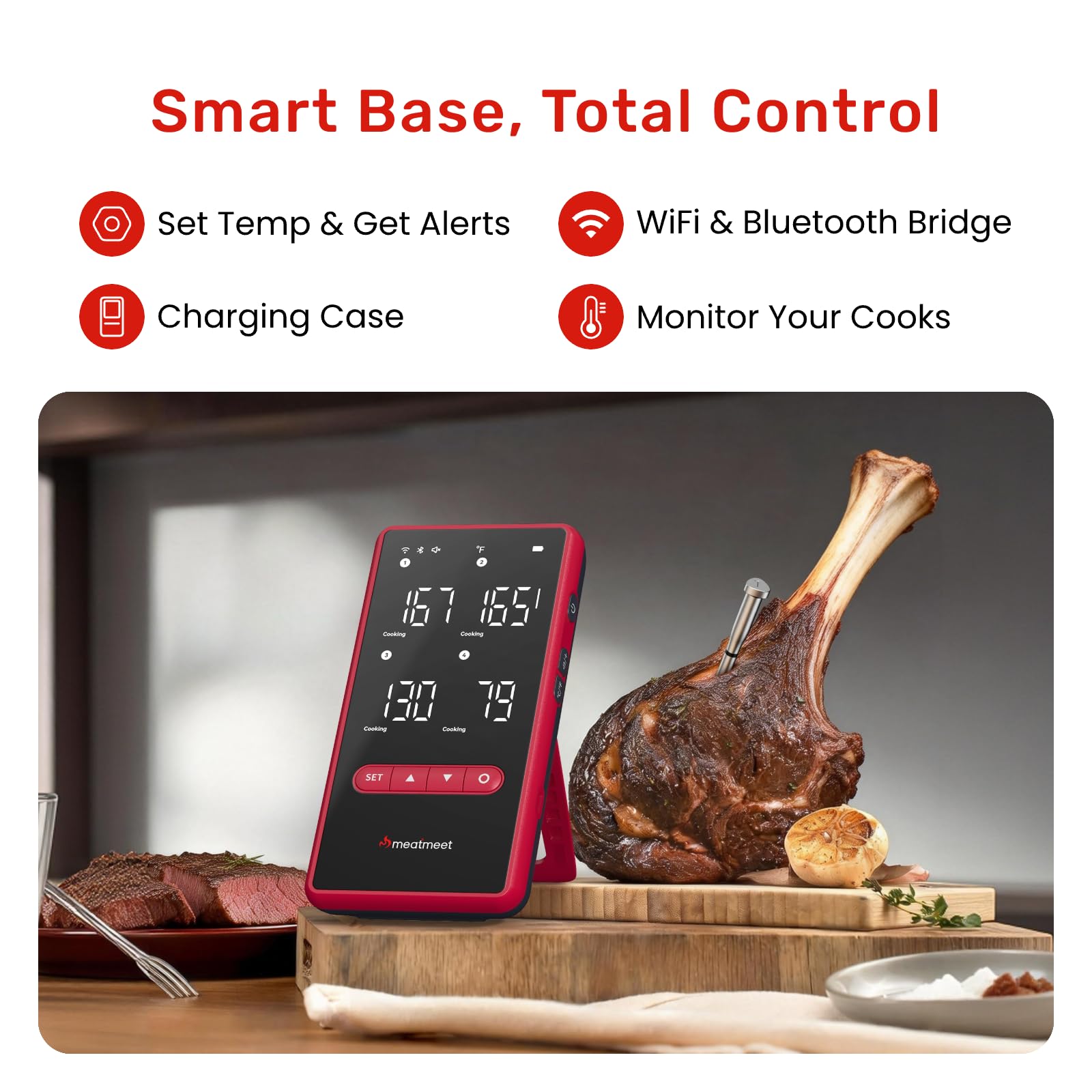 Bluetooth Meat Thermometer Wireless, 4 Probes, Standalone Base | 6 Sensors With ±0.18°F Accuracy, WiFi, IP69 Waterproof, AI-Guided Cooking, for Kitchen, BBQ, Grill, Oven, and Smoker (Z Pro)