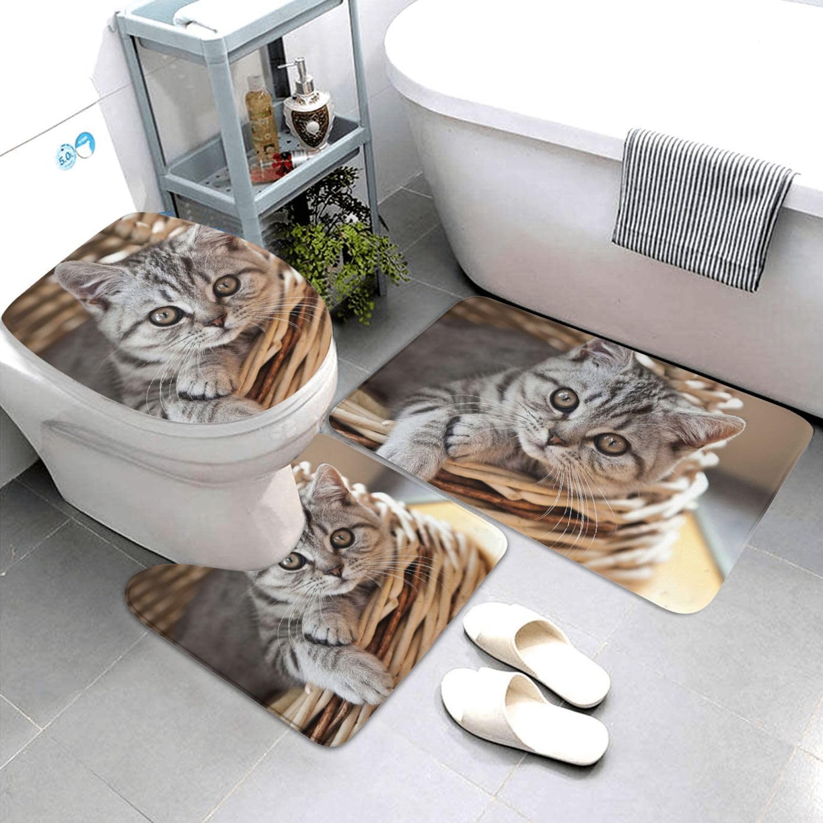 Set di 3 tappetini da bagno con gatto, in flanella, morbida, antiscivolo, con coperchio, decorazione per la casa