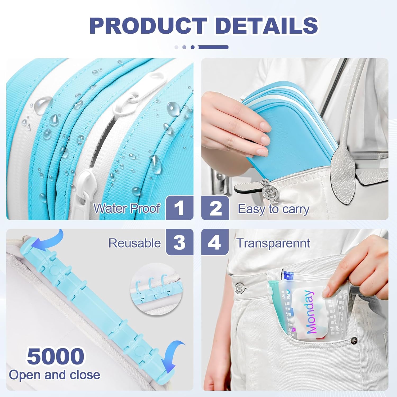 XXL A6 Double-Compartment Waterproof Pill Organizer with 28 M Size Zippered Pill Pouches for A6 Binder, Large BPA-Free Monthly Medicine Organizer, Reusable Travel Pill Storage System - Image 3