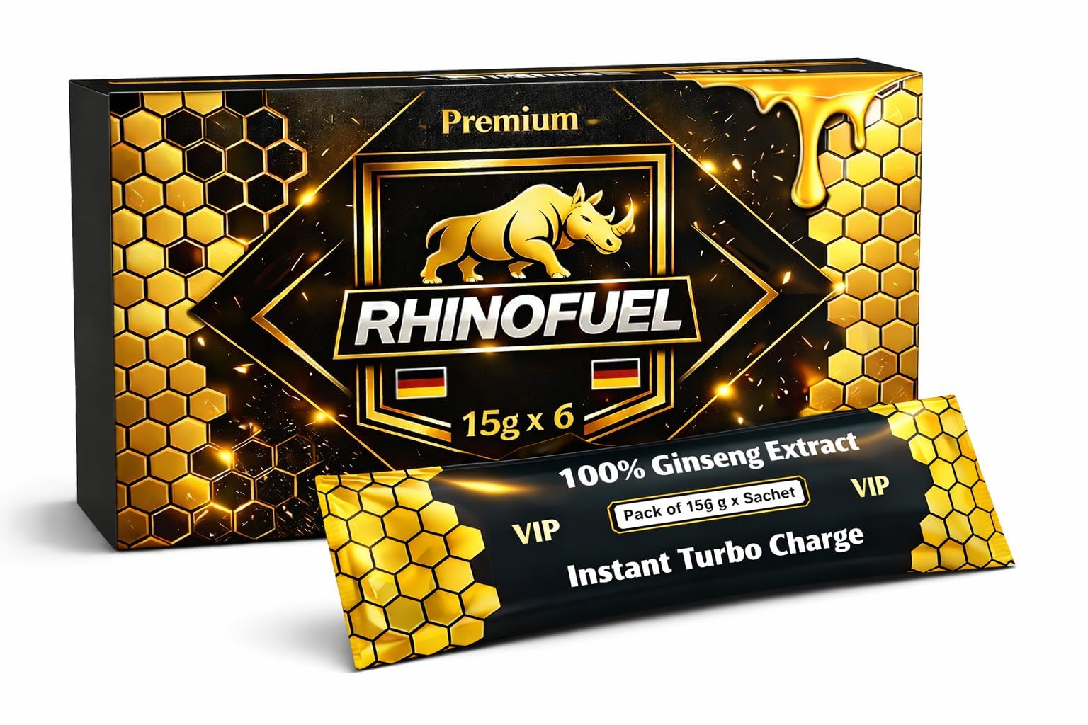 Premium RHINOFUEL Honig – Mit Ginseng, Gelée Royale & Vitamin B1 & B2 | 6 × 15 g | Honigzubereitung mit Pflanzenextrakten für aktive Männer