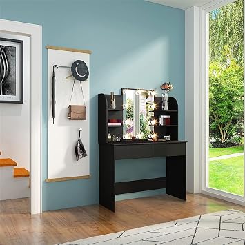 Dressing Table,Modern Makeup Table with LED Lights,Mirror,2 Drawers,6 Open Shelves,Makeup Desk Vanity Table for Girls(Not Included Stool) (Black)