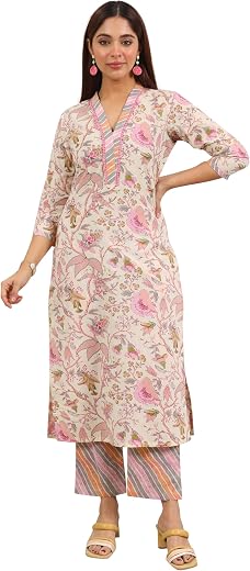 Libas Womens Printed Cotton Straight Kurta With Trousers