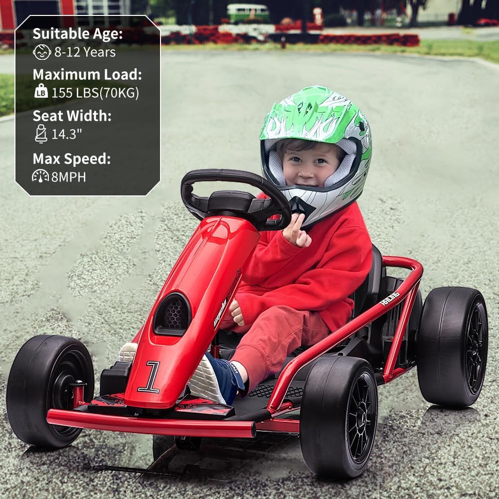Go-Kart eléctrico Infantil 24V Doble Motor 300W con función Drift, Asiento Ajustable, música, claxon, Arranque Suave, hasta 13km/h y 70kg, para 6-12 años, Color Rojo