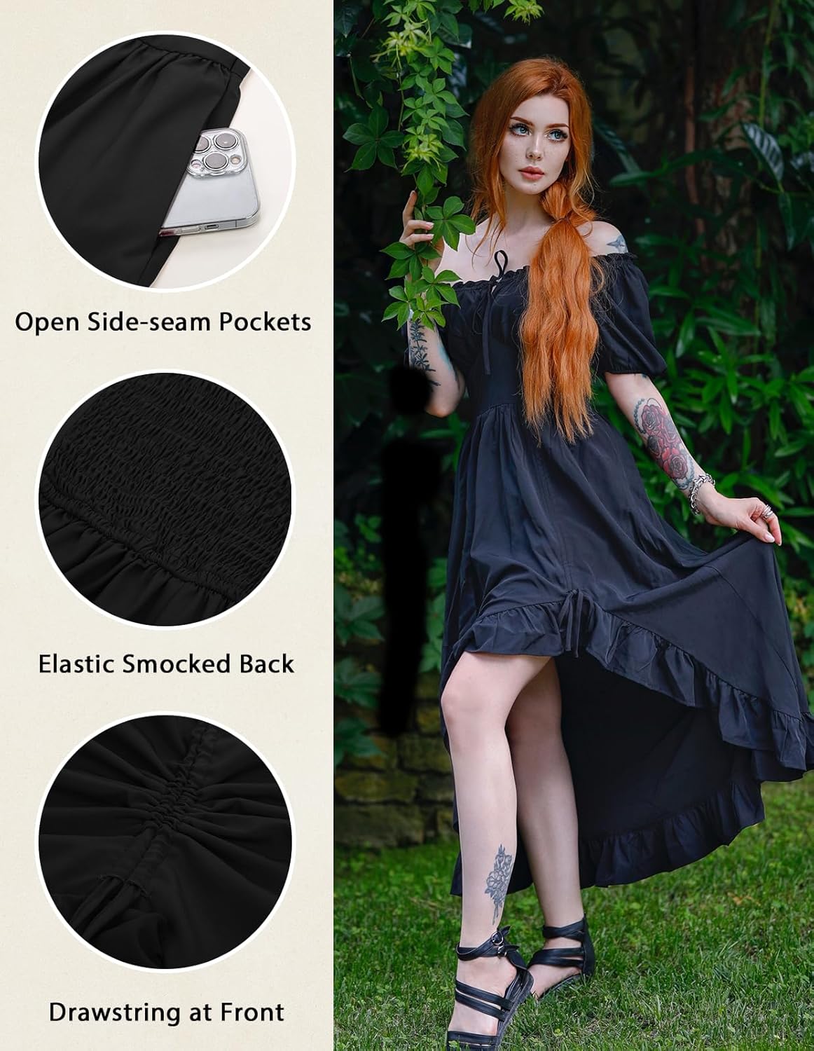 Scarlet Darkness Renaissance Dress Women Cottagecore Corset Dress Ruffle Maxi Dress with Pockets - Image 4