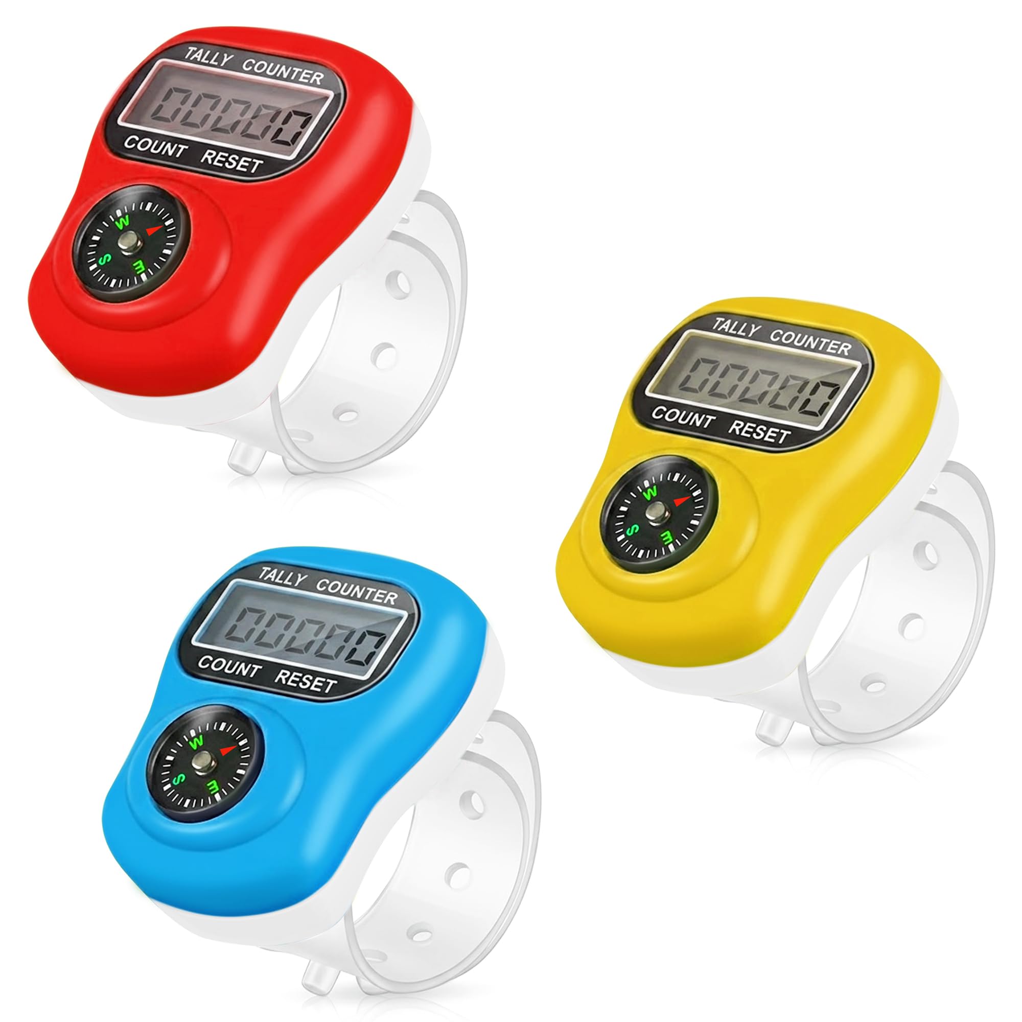 GLUN® Portable Finger Counter Ring Pack of 3 with Navigation Compass, 5-Digit LCD Display Digital Click Counter for Prayer, Meditation, Knitting & Sports Counting