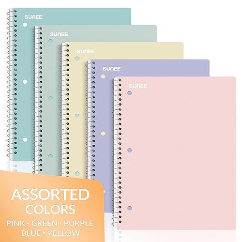 Miniatura 8 de SUNEE Cuadernos de espiral, 1 materia, paquete de 5, papel rayado universitario, 8 x 10-12 pulgadas, 70 hojas por cuaderno, papel perforado de 3