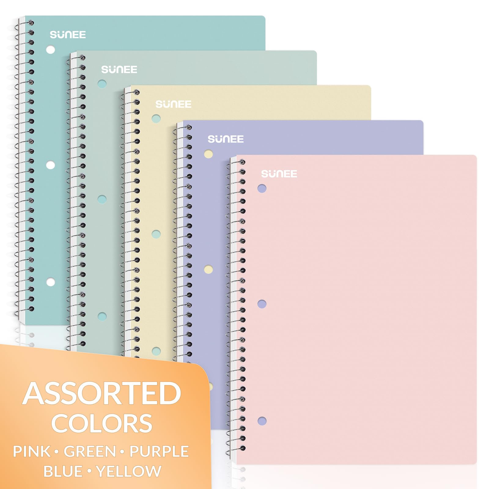 SUNEE Spiral Notebooks, 1-Subject, 5 Pack, College Ruled Paper, 8" x 10-1/2", 70 Sheets per Notebook,3-Hole Punched Paper, Pink,Purple, Blue, Green, Yellow Spiral Lined Notebooks for School,Work