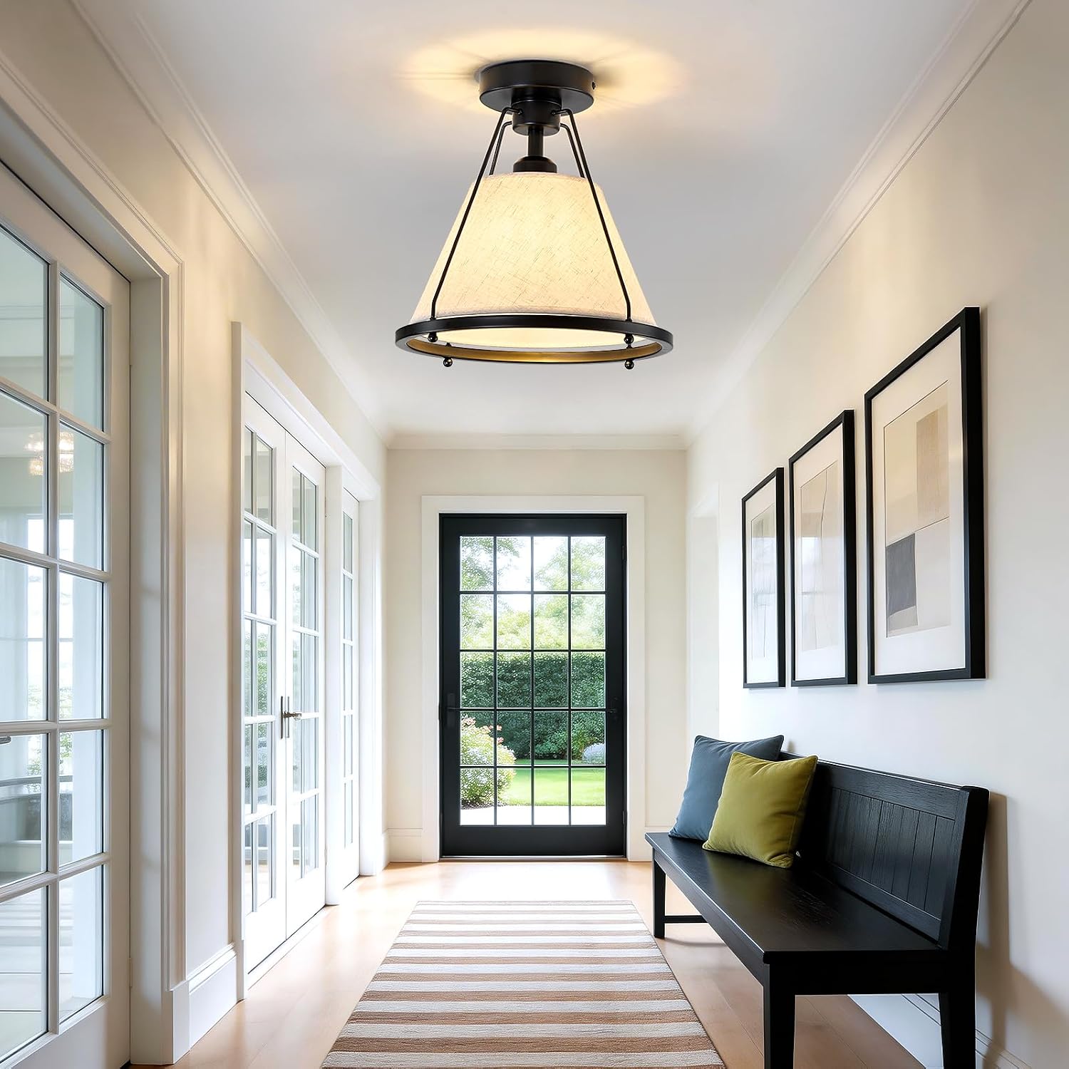 Black Semi Flush Mount Ceiling Light Fixture 11 Inch Farmhouse Close to Ceiling Light with Fabric Shade E26 Base 60W Max, Modern Ceiling Lamp for Bedroom Kitchen Hallway Entryway