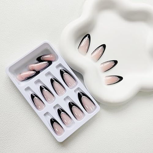 Miniatura 5 de Uñas postizas a presión con punta francesa, uñas postizas de almendra, cobertura completa, uñas artificiales brillantes, uñas acrílicas medianas,