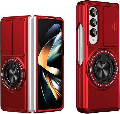 Asuwish Phone Case for Samsung Galaxy Z Fold 4 5G 2022 Slide Camera Cover with Magnetic Ring Holder Kickstand Protective Shockproof Mobile Hard Cell ZFold4 Z4 Fold4 ZFold 4Z ZFold45G Women Men Red