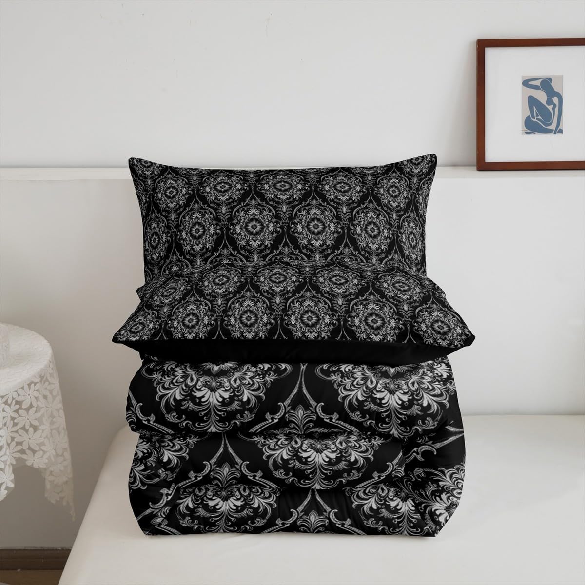 Erosebridal Black Grey Ombre Gothic Bedding Set for Adults Men Full,Antique Victorian Baroque Floral Down Comforter Boho Damask Comforter Set Exotic Floral Bohemian Quilt Duvet Insert 2 Pillow Cases