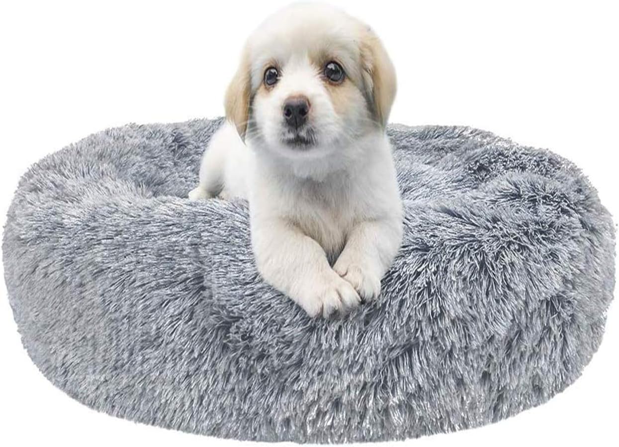 Plush Donut Pet Bed, Dog Cat Round Calming Dog Bed Fluffy Cushion