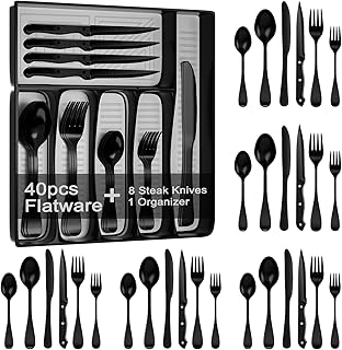 49piece Black Silverware Set with Organizer, Stainless Steel Flatware Set for 8 with Drawer Tray, Kitchen Tableware Servic...